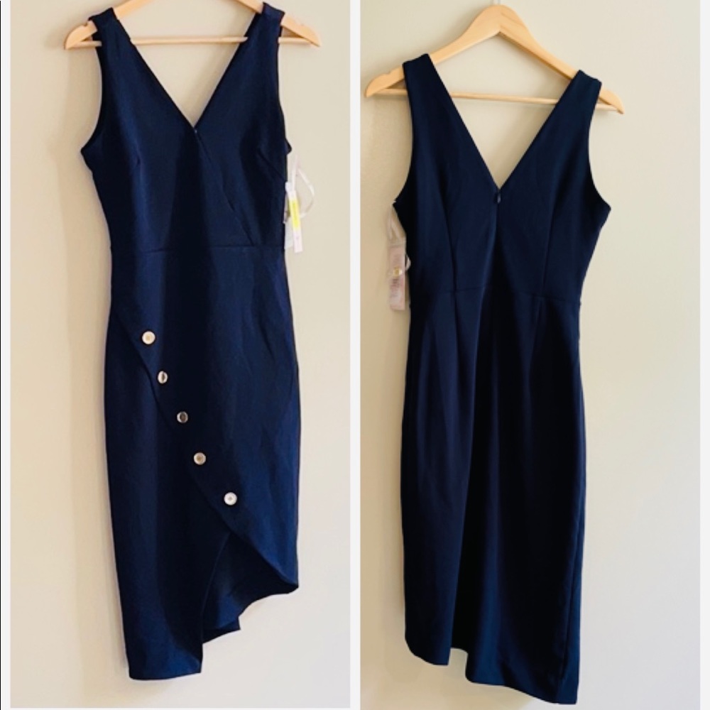 NWT Nanette Lepore navy blue shift midi asymmetric double V gold button hardware